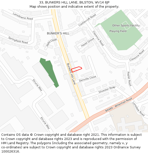 33, BUNKERS HILL LANE, BILSTON, WV14 6JP: Location map and indicative extent of plot