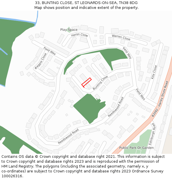 33, BUNTING CLOSE, ST LEONARDS-ON-SEA, TN38 8DG: Location map and indicative extent of plot