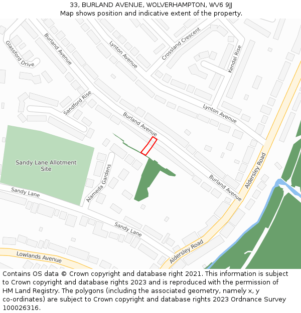 33, BURLAND AVENUE, WOLVERHAMPTON, WV6 9JJ: Location map and indicative extent of plot