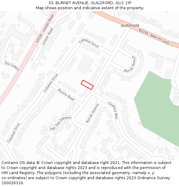 33, BURNET AVENUE, GUILDFORD, GU1 1YF: Location map and indicative extent of plot