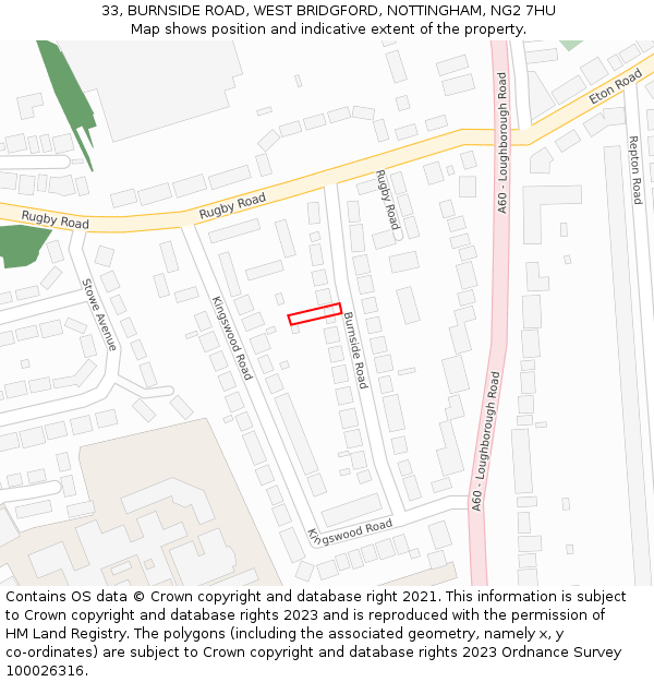 33, BURNSIDE ROAD, WEST BRIDGFORD, NOTTINGHAM, NG2 7HU: Location map and indicative extent of plot