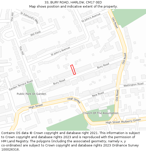 33, BURY ROAD, HARLOW, CM17 0ED: Location map and indicative extent of plot