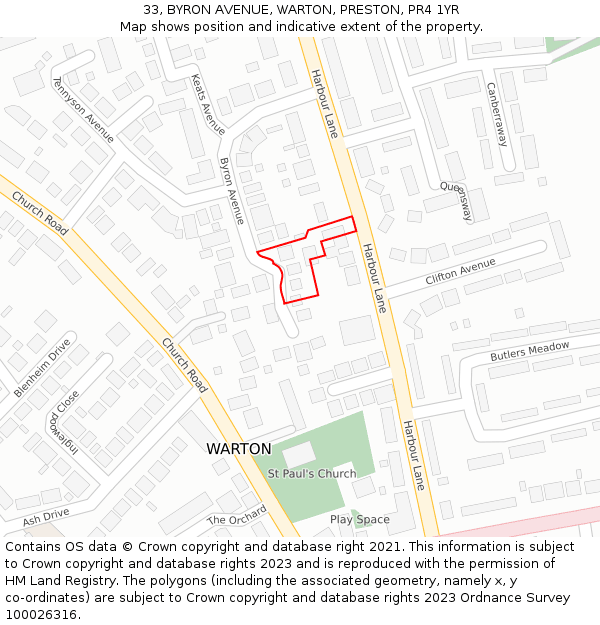 33, BYRON AVENUE, WARTON, PRESTON, PR4 1YR: Location map and indicative extent of plot