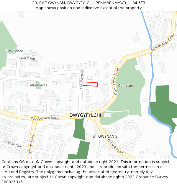33, CAE GWYNAN, DWYGYFYLCHI, PENMAENMAWR, LL34 6TR: Location map and indicative extent of plot