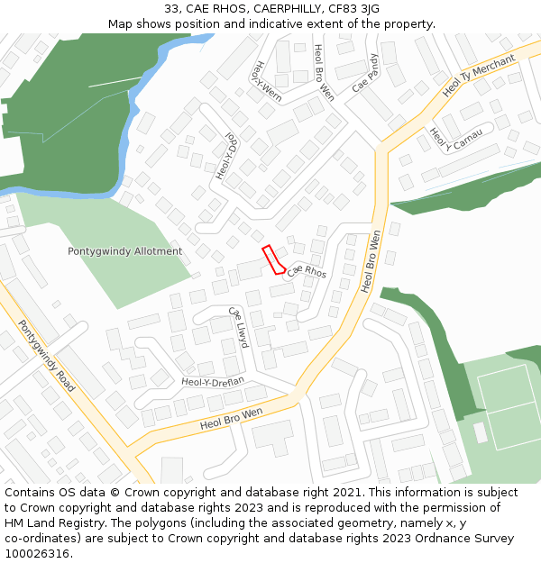 33, CAE RHOS, CAERPHILLY, CF83 3JG: Location map and indicative extent of plot