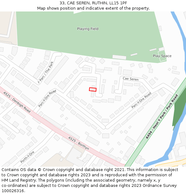 33, CAE SEREN, RUTHIN, LL15 1PF: Location map and indicative extent of plot
