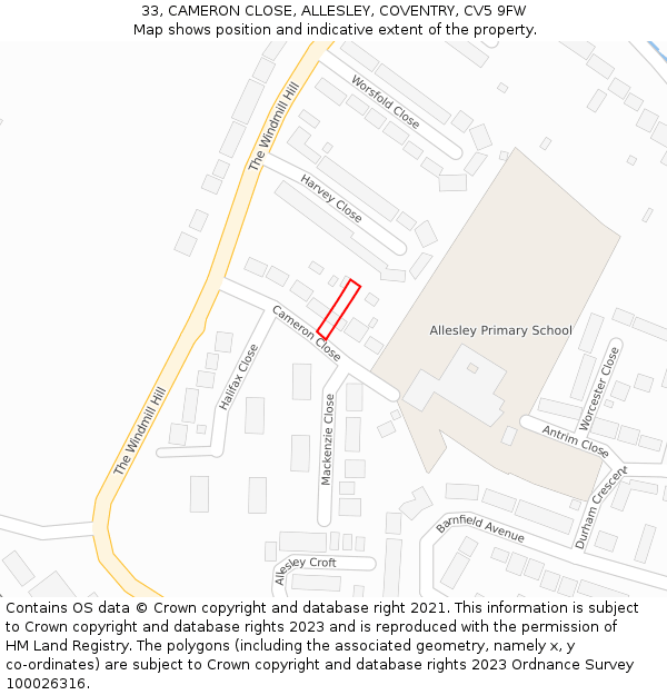 33, CAMERON CLOSE, ALLESLEY, COVENTRY, CV5 9FW: Location map and indicative extent of plot