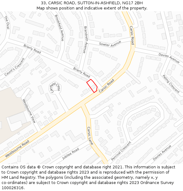 33, CARSIC ROAD, SUTTON-IN-ASHFIELD, NG17 2BH: Location map and indicative extent of plot