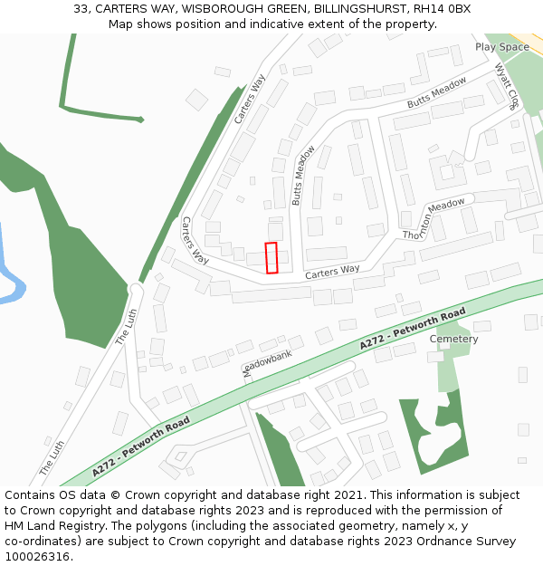 33, CARTERS WAY, WISBOROUGH GREEN, BILLINGSHURST, RH14 0BX: Location map and indicative extent of plot