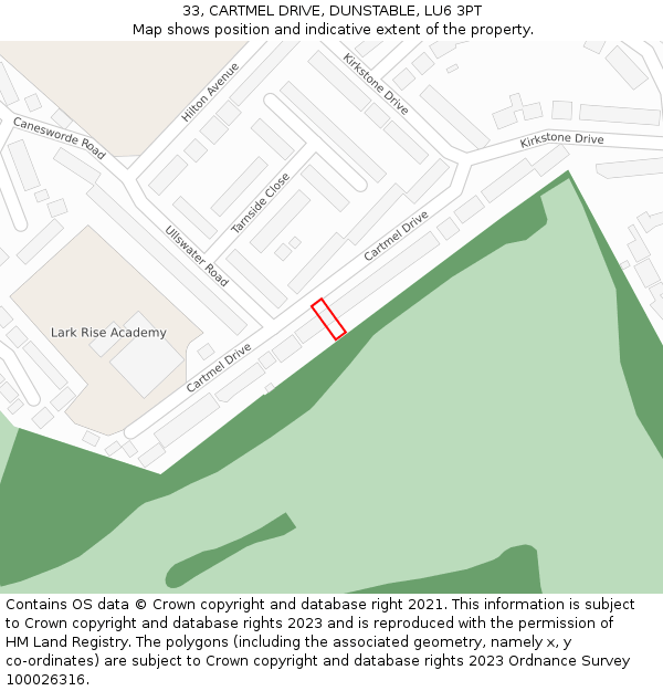 33, CARTMEL DRIVE, DUNSTABLE, LU6 3PT: Location map and indicative extent of plot