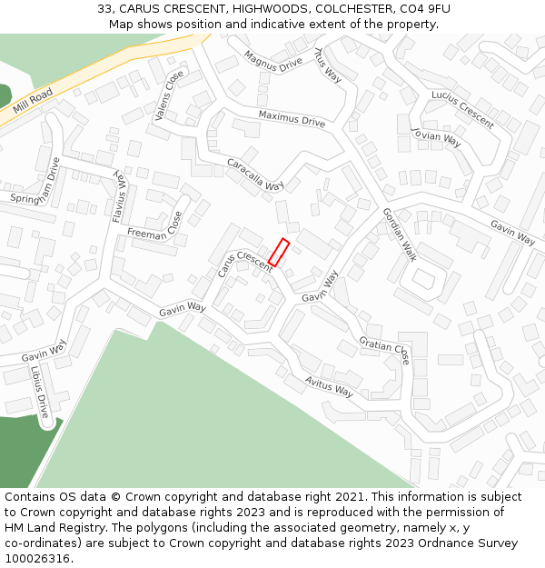 33, CARUS CRESCENT, HIGHWOODS, COLCHESTER, CO4 9FU: Location map and indicative extent of plot