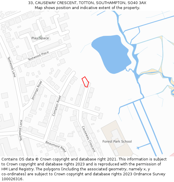 33, CAUSEWAY CRESCENT, TOTTON, SOUTHAMPTON, SO40 3AX: Location map and indicative extent of plot