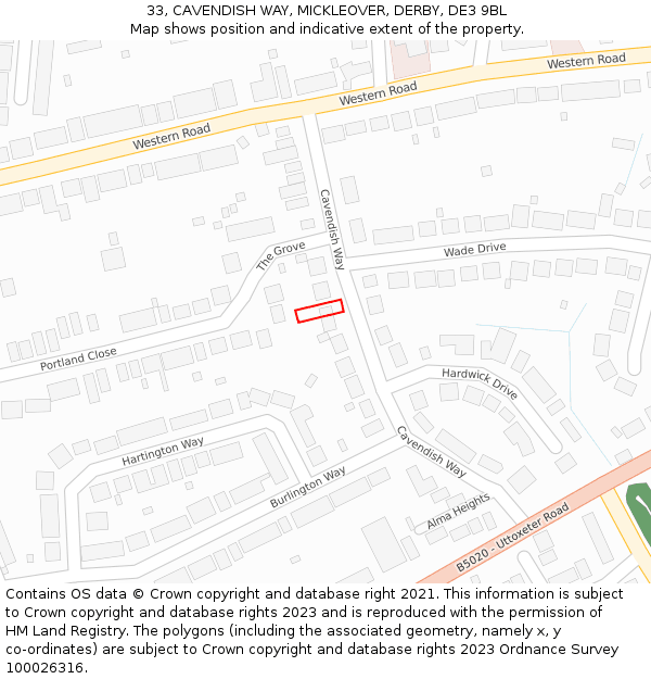 33, CAVENDISH WAY, MICKLEOVER, DERBY, DE3 9BL: Location map and indicative extent of plot