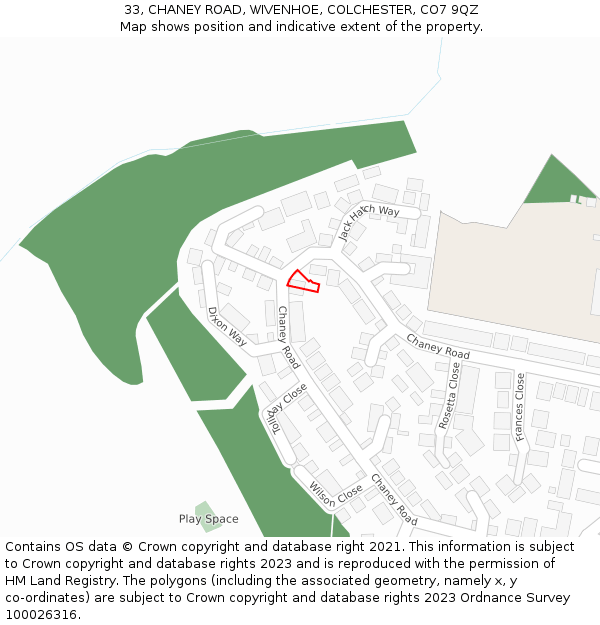 33, CHANEY ROAD, WIVENHOE, COLCHESTER, CO7 9QZ: Location map and indicative extent of plot