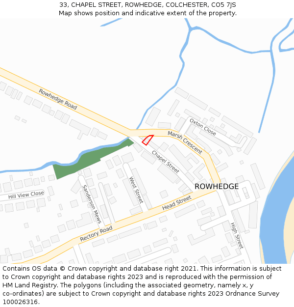 33, CHAPEL STREET, ROWHEDGE, COLCHESTER, CO5 7JS: Location map and indicative extent of plot