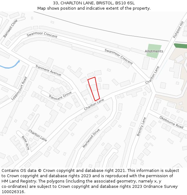 33, CHARLTON LANE, BRISTOL, BS10 6SL: Location map and indicative extent of plot