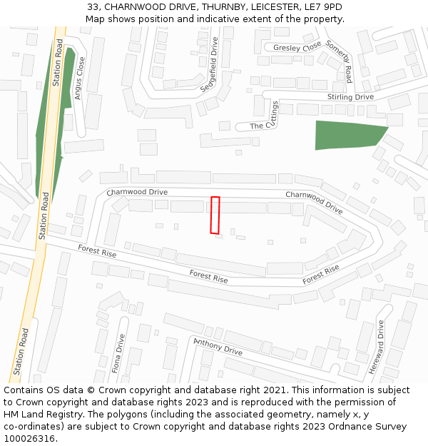 33, CHARNWOOD DRIVE, THURNBY, LEICESTER, LE7 9PD: Location map and indicative extent of plot