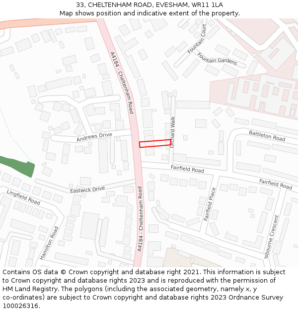 33, CHELTENHAM ROAD, EVESHAM, WR11 1LA: Location map and indicative extent of plot