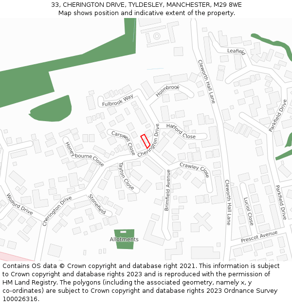 33, CHERINGTON DRIVE, TYLDESLEY, MANCHESTER, M29 8WE: Location map and indicative extent of plot