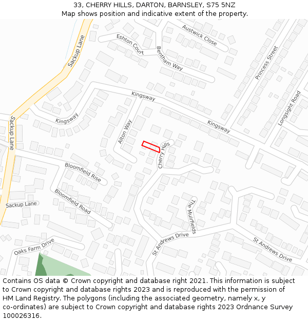 33, CHERRY HILLS, DARTON, BARNSLEY, S75 5NZ: Location map and indicative extent of plot