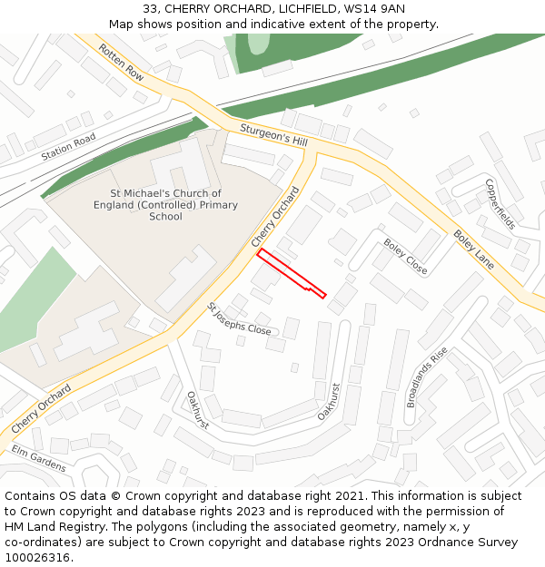 33, CHERRY ORCHARD, LICHFIELD, WS14 9AN: Location map and indicative extent of plot