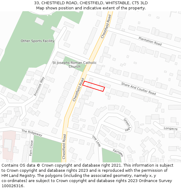 33, CHESTFIELD ROAD, CHESTFIELD, WHITSTABLE, CT5 3LD: Location map and indicative extent of plot