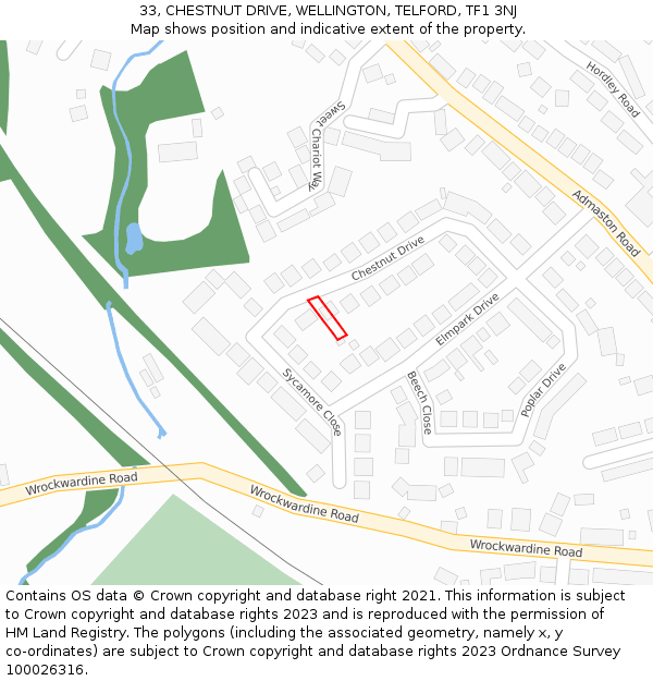 33, CHESTNUT DRIVE, WELLINGTON, TELFORD, TF1 3NJ: Location map and indicative extent of plot