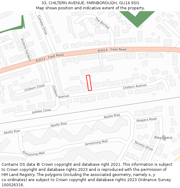 33, CHILTERN AVENUE, FARNBOROUGH, GU14 9SG: Location map and indicative extent of plot