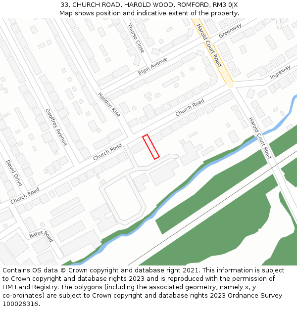 33, CHURCH ROAD, HAROLD WOOD, ROMFORD, RM3 0JX: Location map and indicative extent of plot