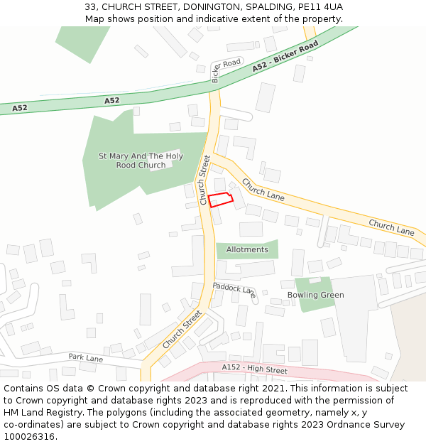 33, CHURCH STREET, DONINGTON, SPALDING, PE11 4UA: Location map and indicative extent of plot