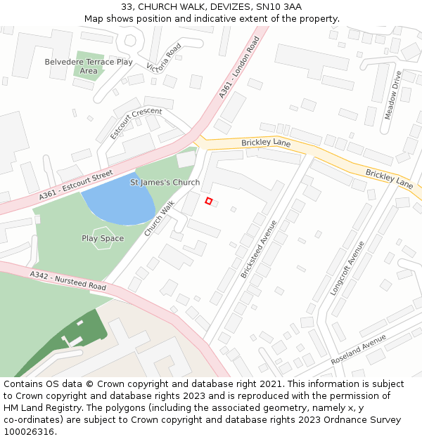 33, CHURCH WALK, DEVIZES, SN10 3AA: Location map and indicative extent of plot