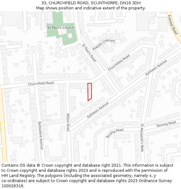 33, CHURCHFIELD ROAD, SCUNTHORPE, DN16 3DH: Location map and indicative extent of plot