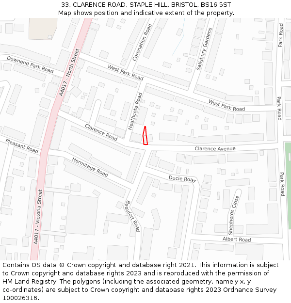 33, CLARENCE ROAD, STAPLE HILL, BRISTOL, BS16 5ST: Location map and indicative extent of plot