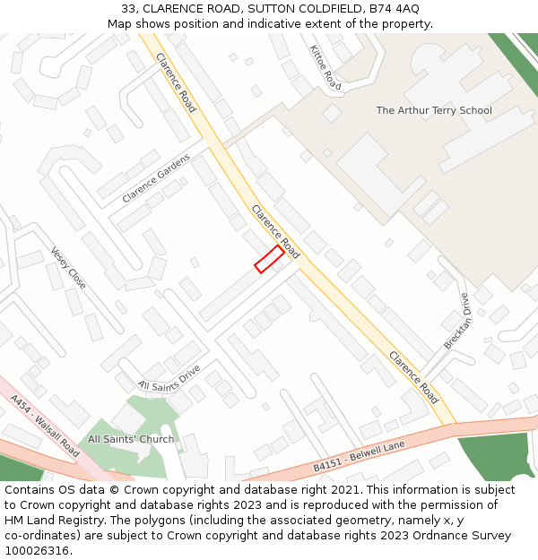 33, CLARENCE ROAD, SUTTON COLDFIELD, B74 4AQ: Location map and indicative extent of plot
