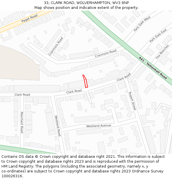33, CLARK ROAD, WOLVERHAMPTON, WV3 9NP: Location map and indicative extent of plot
