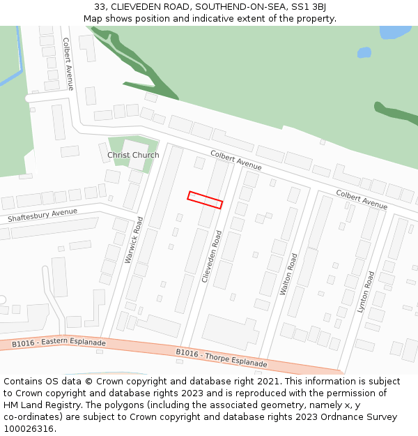 33, CLIEVEDEN ROAD, SOUTHEND-ON-SEA, SS1 3BJ: Location map and indicative extent of plot