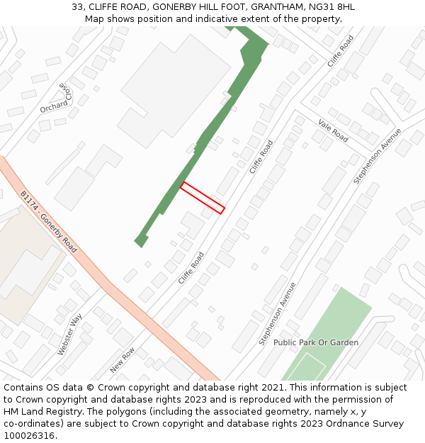 33, CLIFFE ROAD, GONERBY HILL FOOT, GRANTHAM, NG31 8HL: Location map and indicative extent of plot