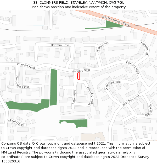 33, CLONNERS FIELD, STAPELEY, NANTWICH, CW5 7GU: Location map and indicative extent of plot