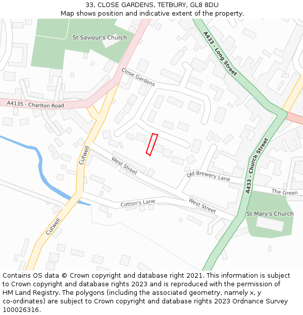 33, CLOSE GARDENS, TETBURY, GL8 8DU: Location map and indicative extent of plot