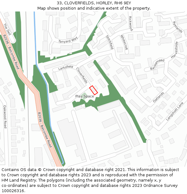 33, CLOVERFIELDS, HORLEY, RH6 9EY: Location map and indicative extent of plot