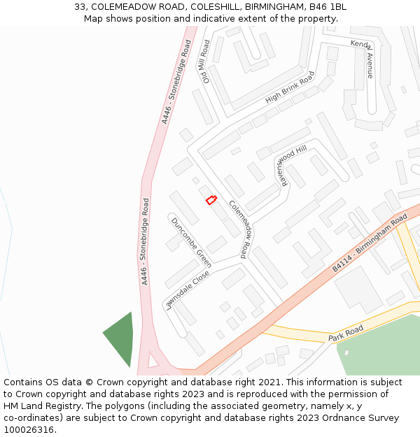 33, COLEMEADOW ROAD, COLESHILL, BIRMINGHAM, B46 1BL: Location map and indicative extent of plot