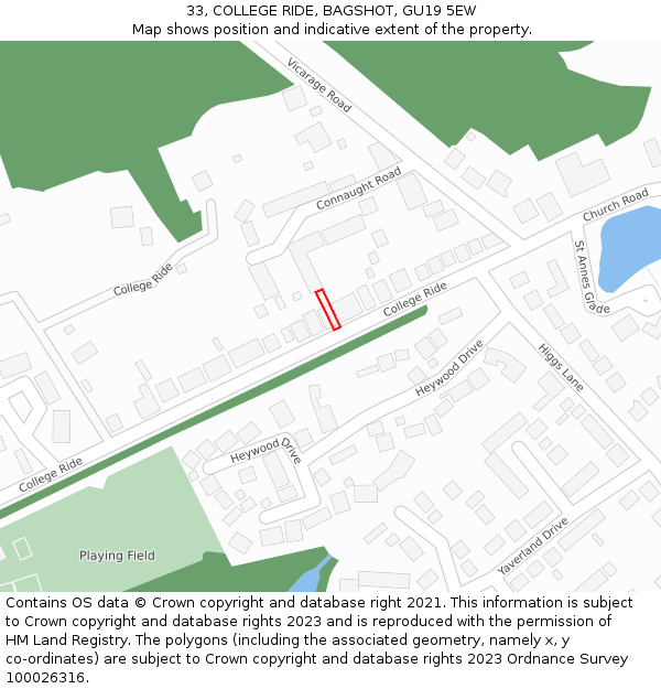 33, COLLEGE RIDE, BAGSHOT, GU19 5EW: Location map and indicative extent of plot