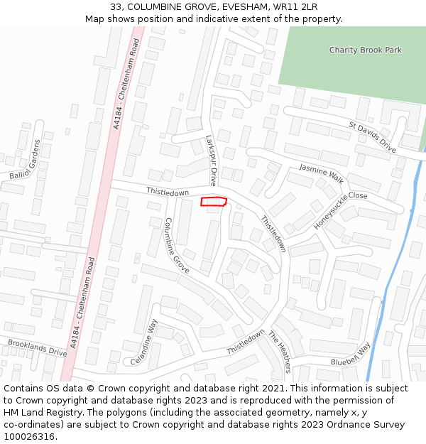 33, COLUMBINE GROVE, EVESHAM, WR11 2LR: Location map and indicative extent of plot