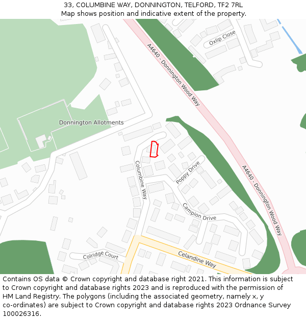 33, COLUMBINE WAY, DONNINGTON, TELFORD, TF2 7RL: Location map and indicative extent of plot