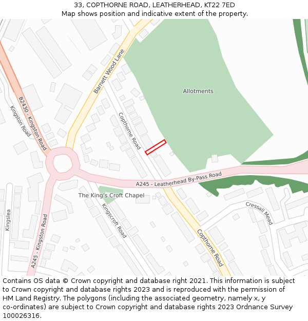 33, COPTHORNE ROAD, LEATHERHEAD, KT22 7ED: Location map and indicative extent of plot