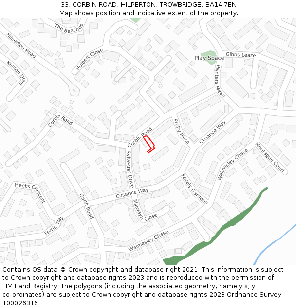 33, CORBIN ROAD, HILPERTON, TROWBRIDGE, BA14 7EN: Location map and indicative extent of plot