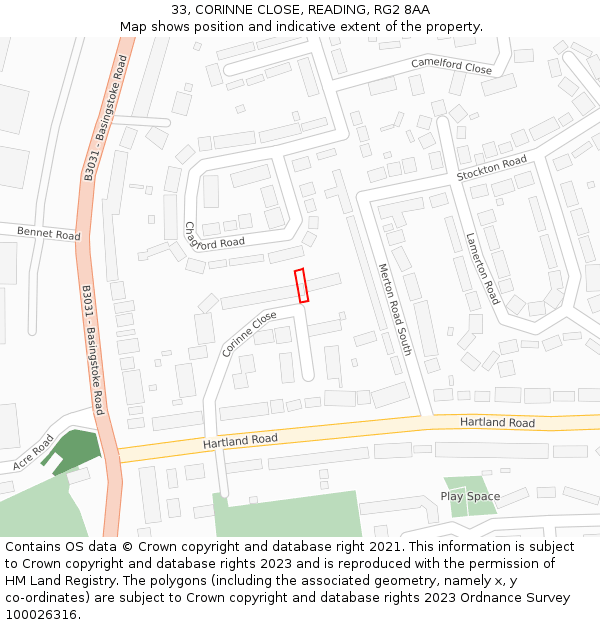 33, CORINNE CLOSE, READING, RG2 8AA: Location map and indicative extent of plot