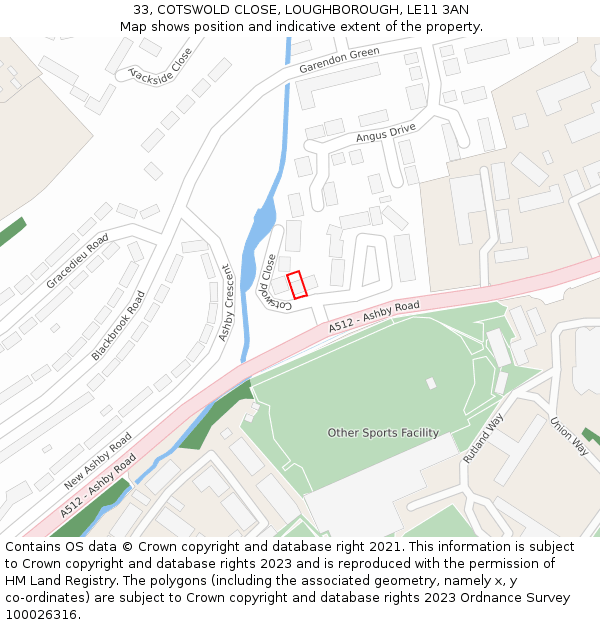 33, COTSWOLD CLOSE, LOUGHBOROUGH, LE11 3AN: Location map and indicative extent of plot