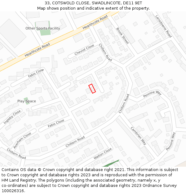 33, COTSWOLD CLOSE, SWADLINCOTE, DE11 9ET: Location map and indicative extent of plot