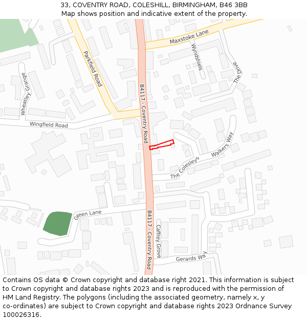 33, COVENTRY ROAD, COLESHILL, BIRMINGHAM, B46 3BB: Location map and indicative extent of plot